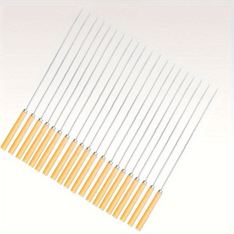 20 Stainless Steel Barbecue Skewers with Wooden Handles for Grilling and Outdoor Cooking