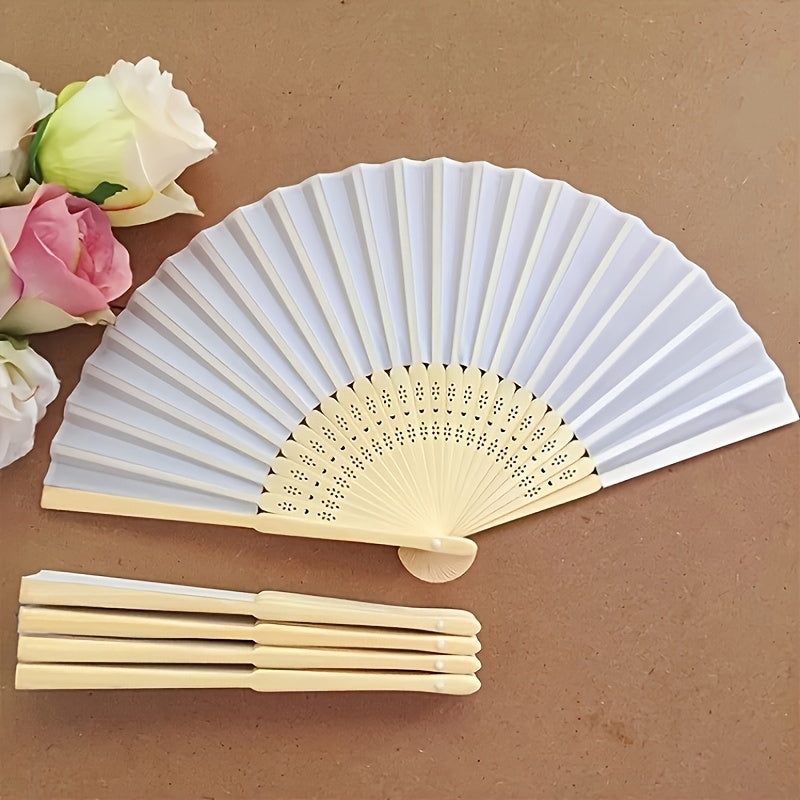 White Silk Hand Fan Set of 50 with Gift Bag for Weddings and Parties 23cm