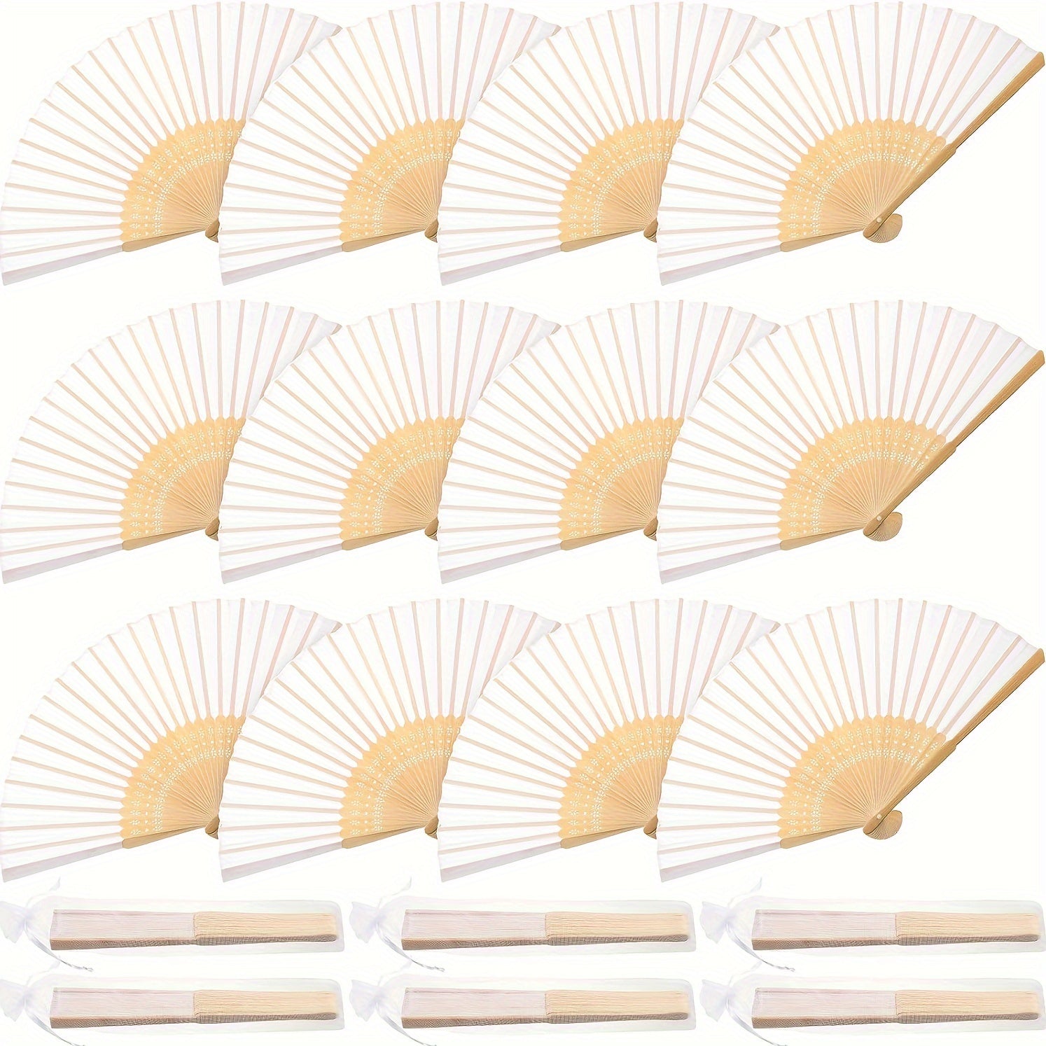 White Silk Hand Fan Set of 50 with Gift Bag for Weddings and Parties 23cm