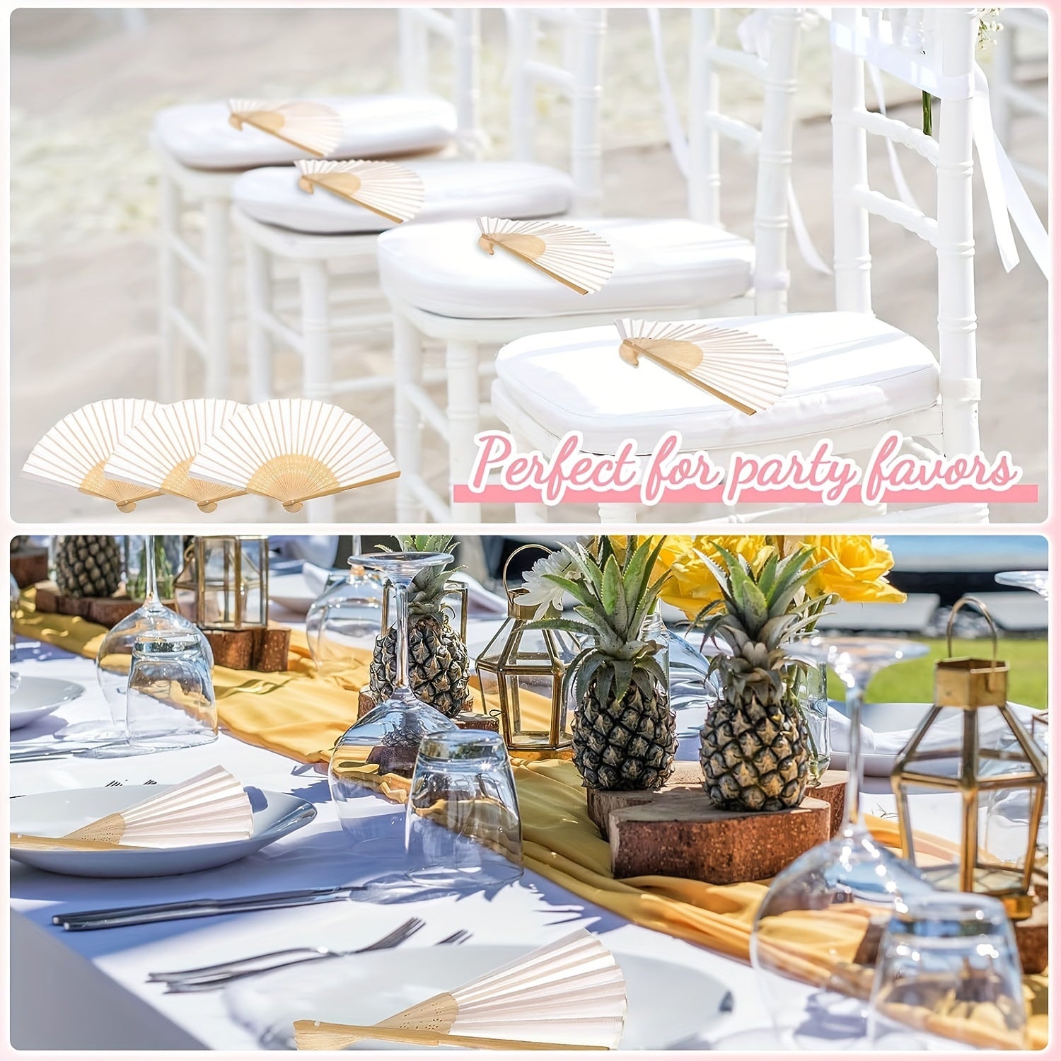 White Silk Hand Fan Set of 50 with Gift Bag for Weddings and Parties 23cm