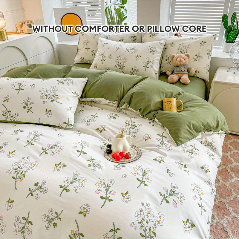 Set of 3 Floral Duvet Covers with Green Leaves and White Flowers Hypoallergenic Bedding