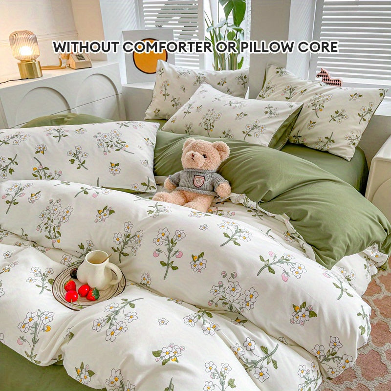 Set of 3 Floral Duvet Covers with Green Leaves and White Flowers Hypoallergenic Bedding