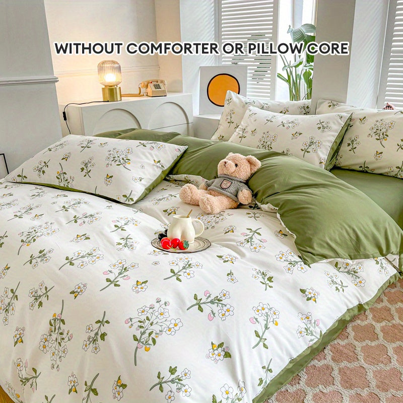 Set of 3 Floral Duvet Covers with Green Leaves and White Flowers Hypoallergenic Bedding