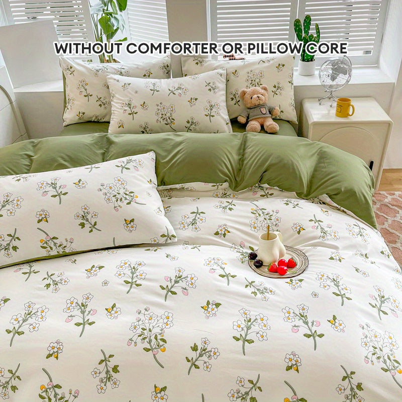 Set of 3 Floral Duvet Covers with Green Leaves and White Flowers Hypoallergenic Bedding