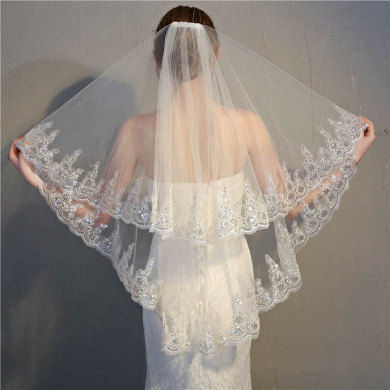 White Bridal Veil with Two-Layer Lace Edge and Sparkling Sequins for Weddings