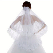 White Bridal Veil with Two-Layer Lace Edge and Sparkling Sequins for Weddings