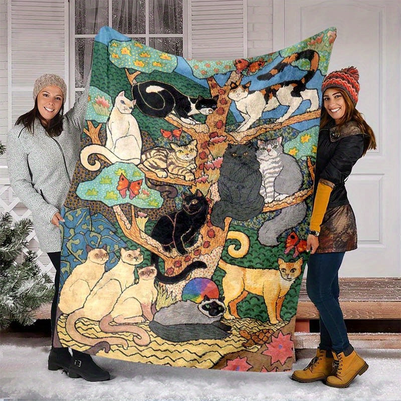 Cat Pattern Flannel Blanket for Office Chairs All Seasons Polyester