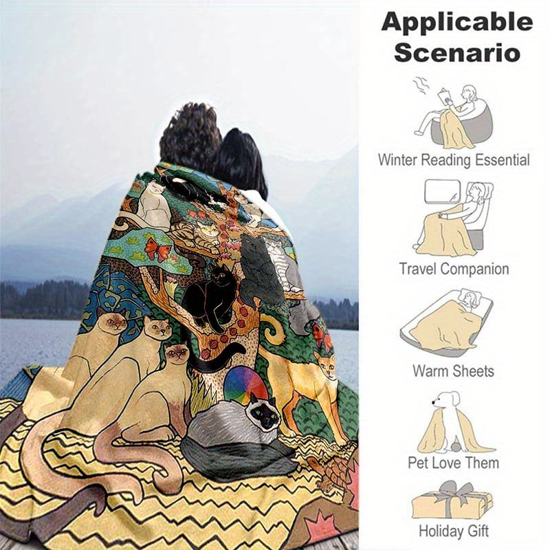Cat Pattern Flannel Blanket for Office Chairs All Seasons Polyester