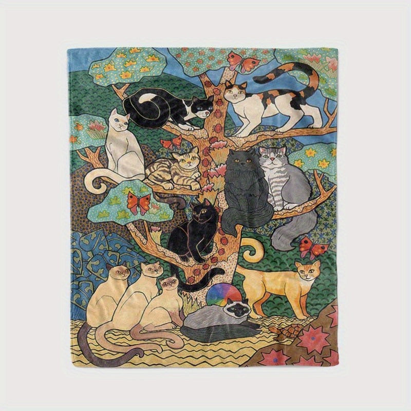 Cat Pattern Flannel Blanket for Office Chairs All Seasons Polyester