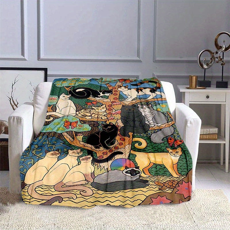 Cat Pattern Flannel Blanket for Office Chairs All Seasons Polyester
