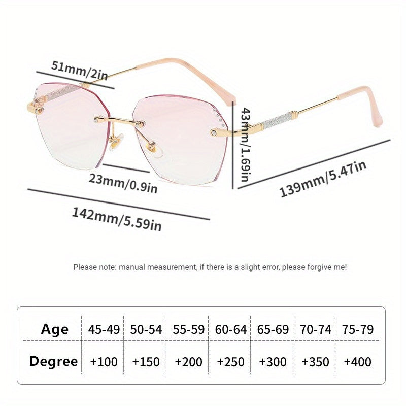 Pink Gradient Rimless Reading Glasses for Women with Glitter Rhinestones 0-4.0 Power