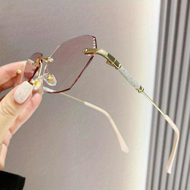 Pink Gradient Rimless Reading Glasses for Women with Glitter Rhinestones 0-4.0 Power