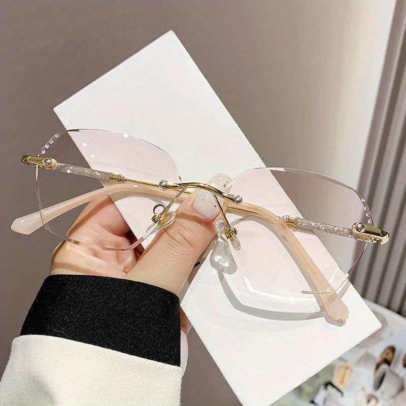 Pink Gradient Rimless Reading Glasses for Women with Glitter Rhinestones 0-4.0 Power