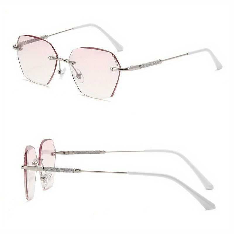 Pink Gradient Rimless Reading Glasses for Women with Glitter Rhinestones 0-4.0 Power