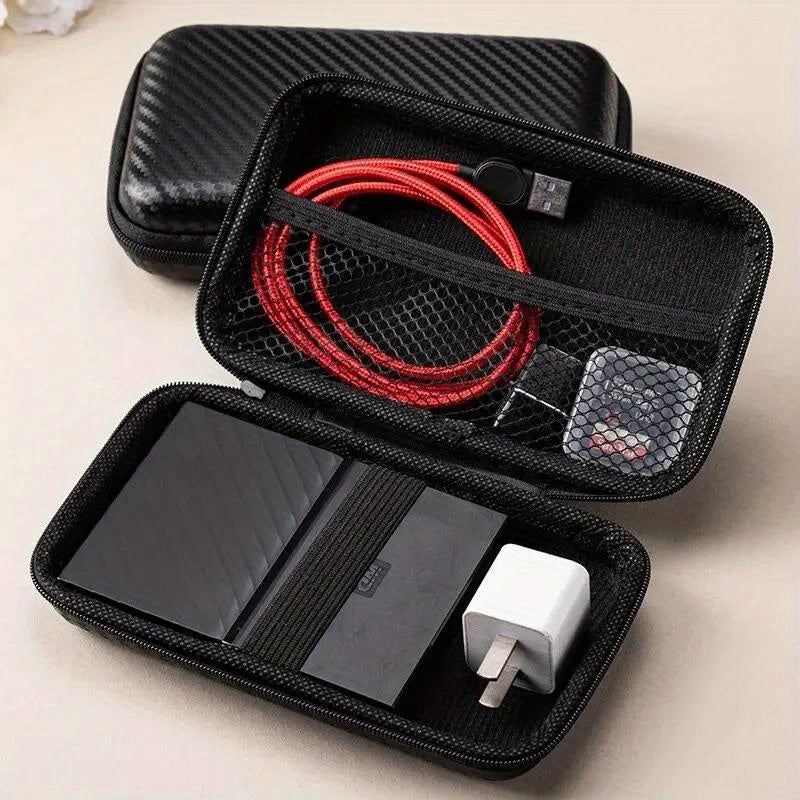 EVA Hard Shell Zipper Pouch for Phone Charger and Accessories Carbon Fiber Pattern Storage Bag