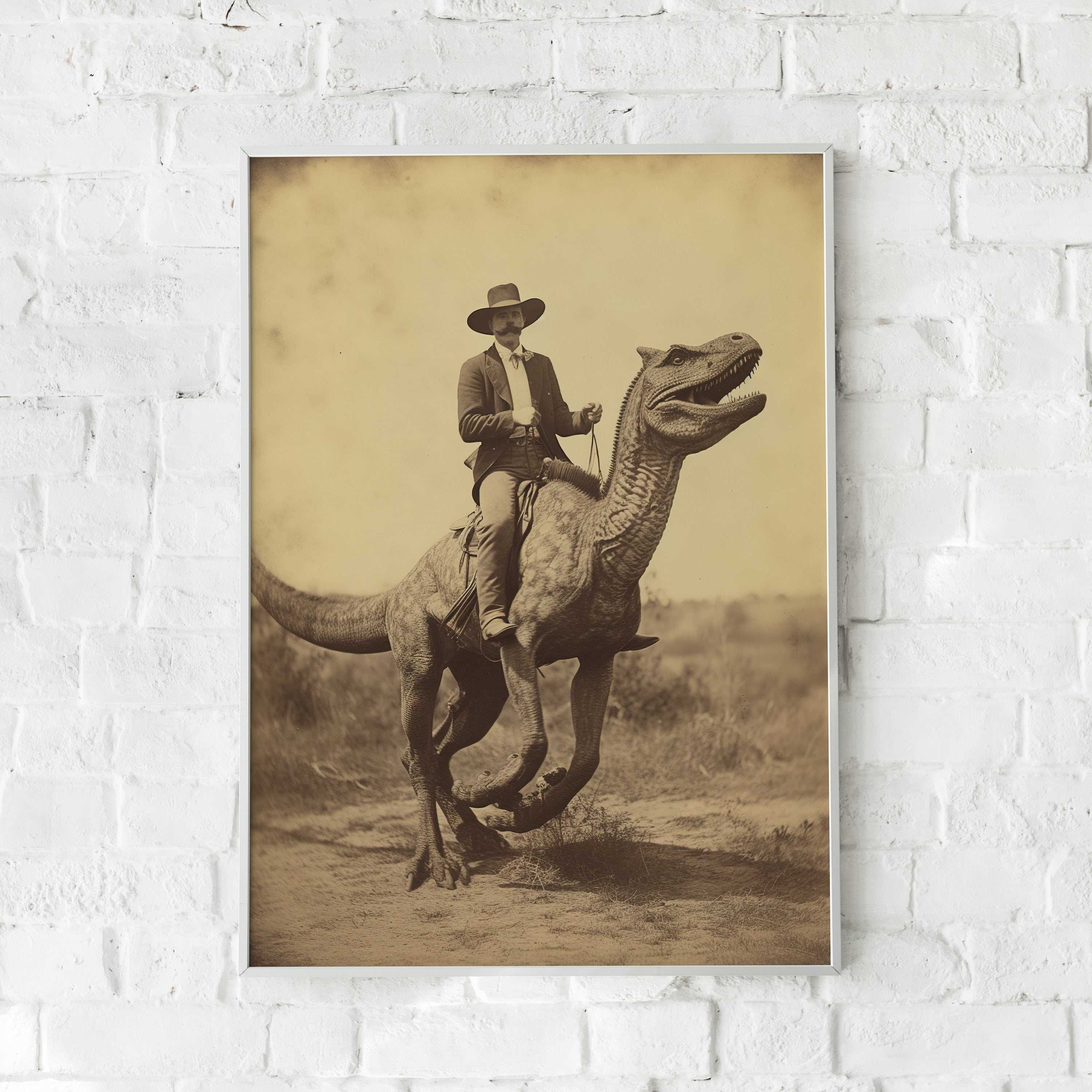 Vintage Dinosaur Cowboy Canvas Wall Art for Bedroom Living Room Decor