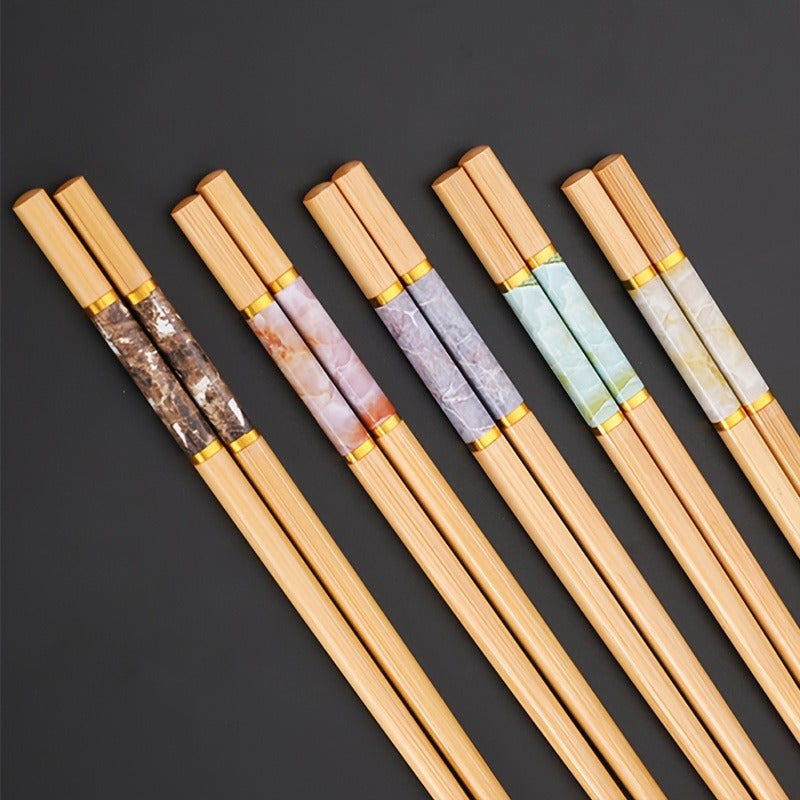 Family Set of 5 Pairs Bamboo Crackle Print Chopsticks for Chinese Cuisine