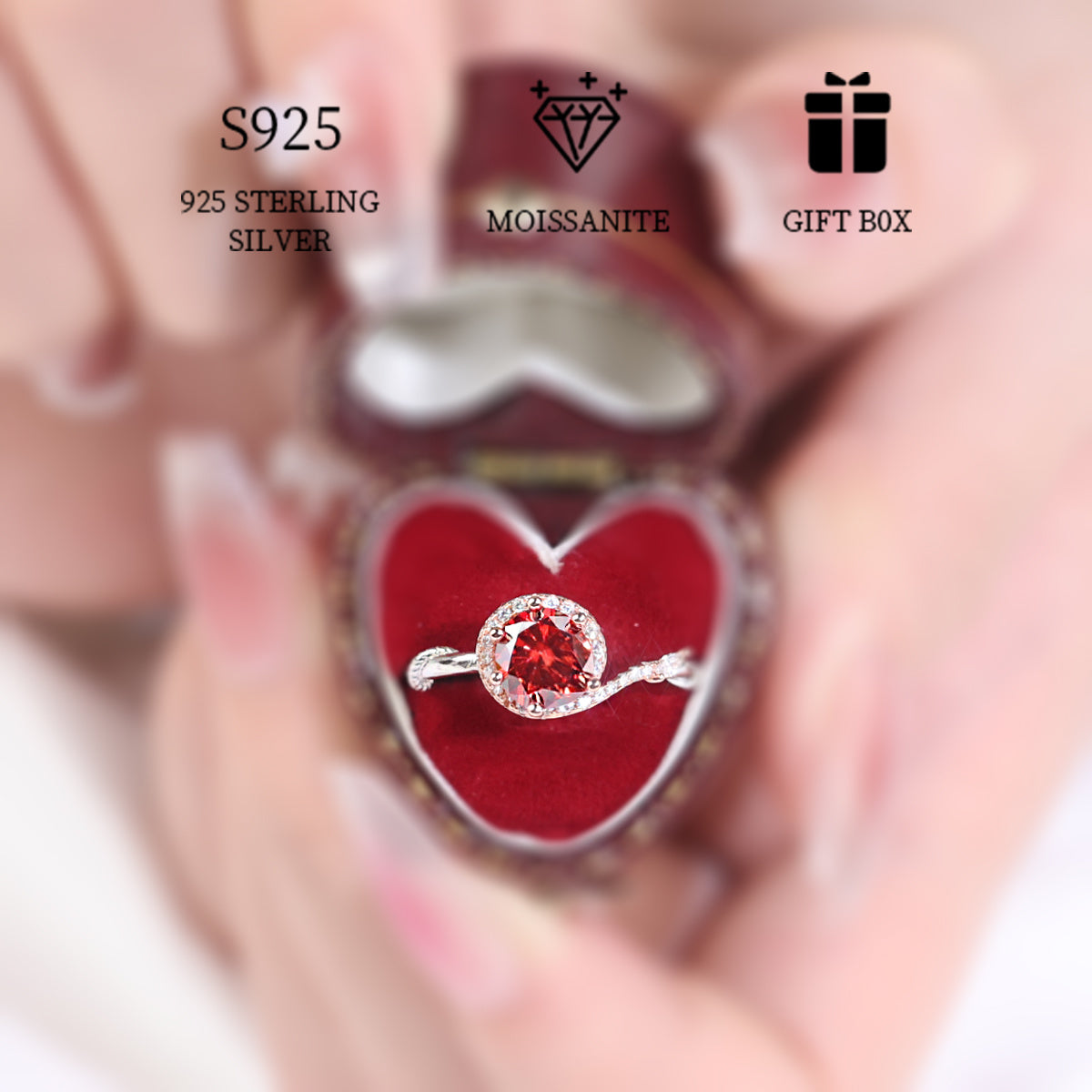 Ayollar uchun ishtirok taklifi to'y halqasi, 1ct rangli Moissanit, burama qizil marjonlar bilan, 925 sterling kumush, gippoallergen. Moissanit sertifikati va nozik sovg'a qadoqlash bilan birga keladi.