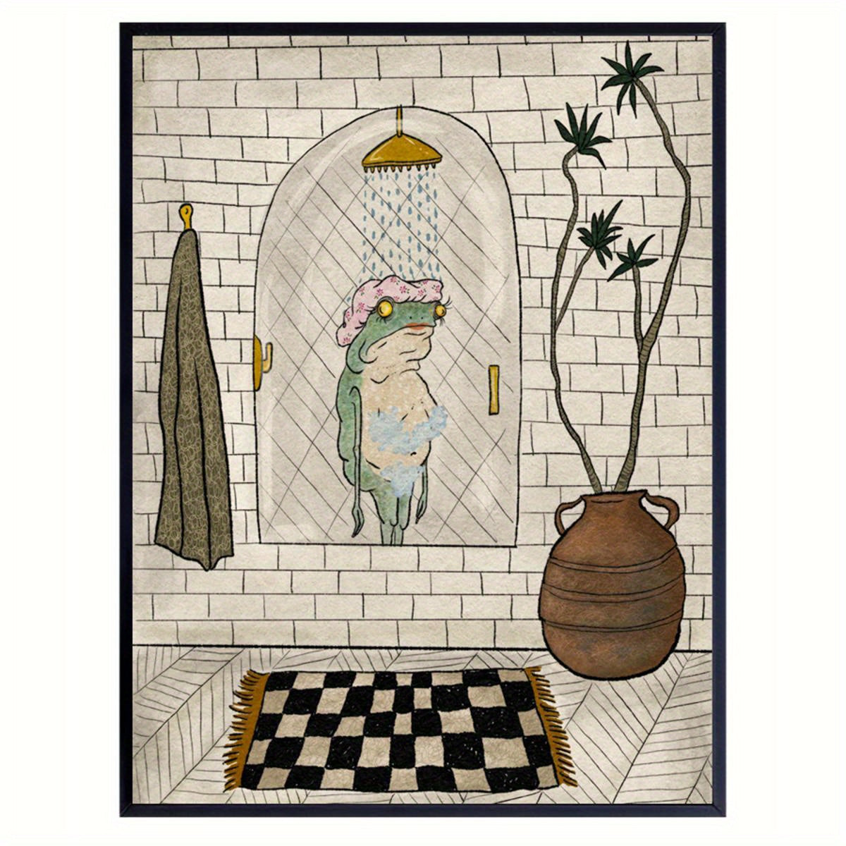 Retro Bathing Frog Canvas Wall Art Poster for Bathroom or Living Room Decor