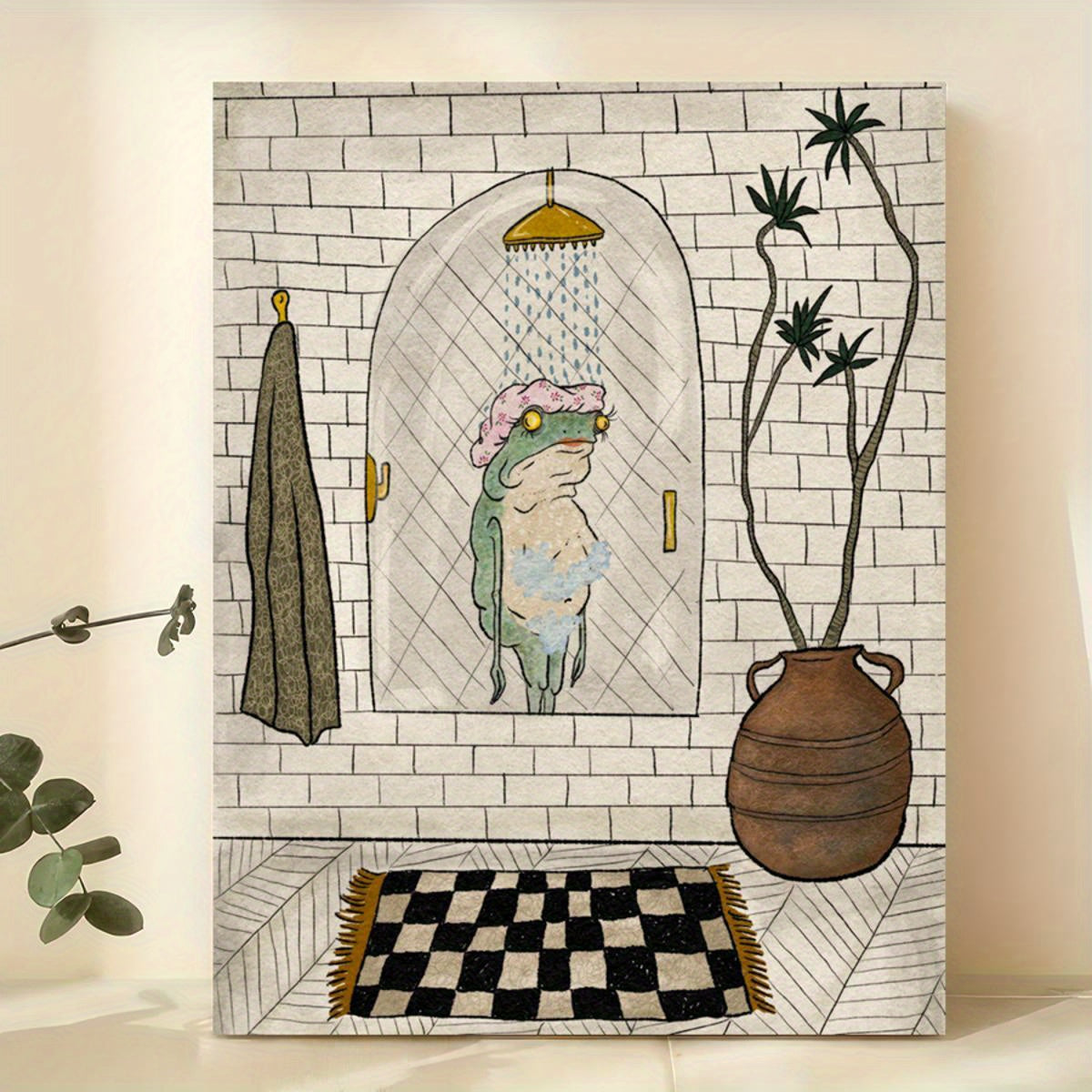 Retro Bathing Frog Canvas Wall Art Poster for Bathroom or Living Room Decor