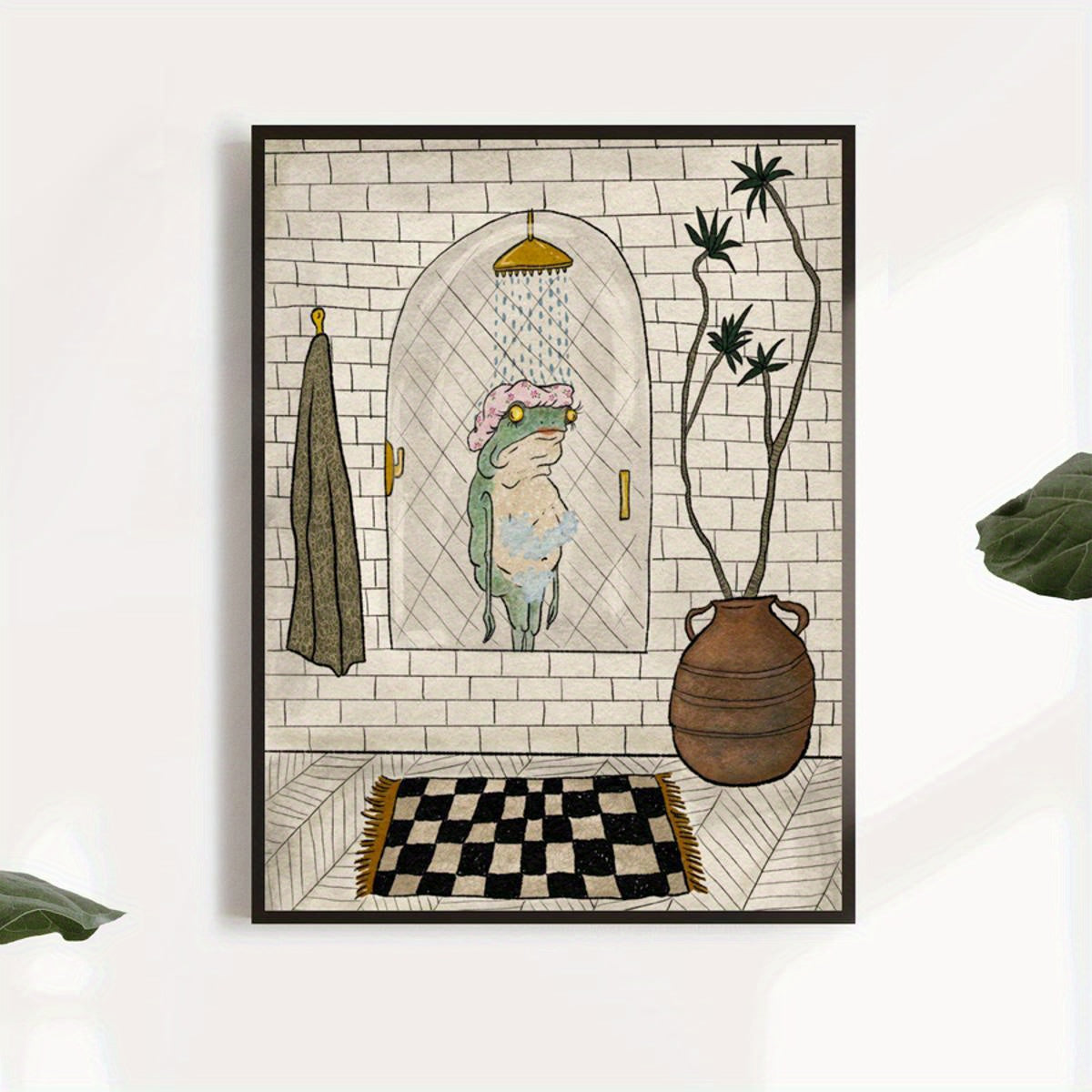 Retro Bathing Frog Canvas Wall Art Poster for Bathroom or Living Room Decor