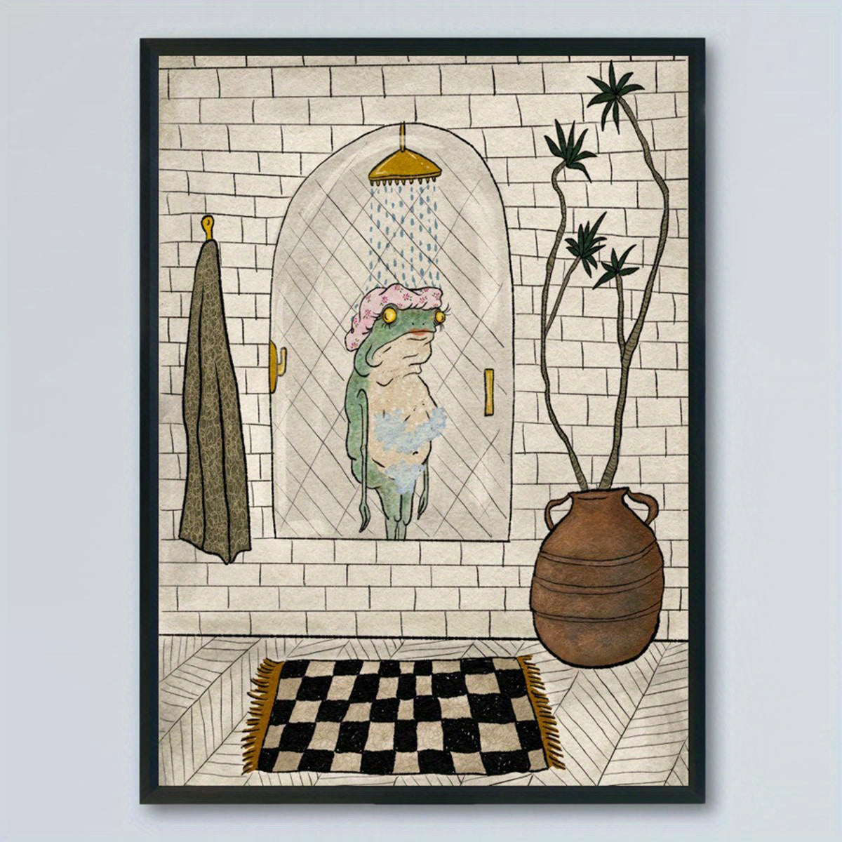 Retro Bathing Frog Canvas Wall Art Poster for Bathroom or Living Room Decor