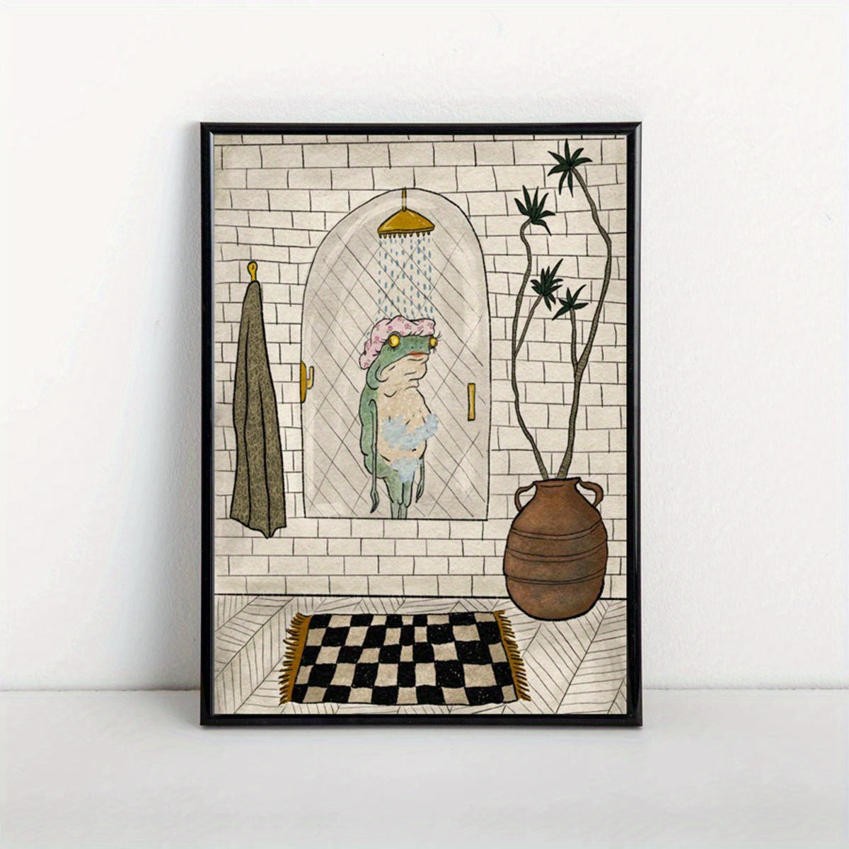 Retro Bathing Frog Canvas Wall Art Poster for Bathroom or Living Room Decor