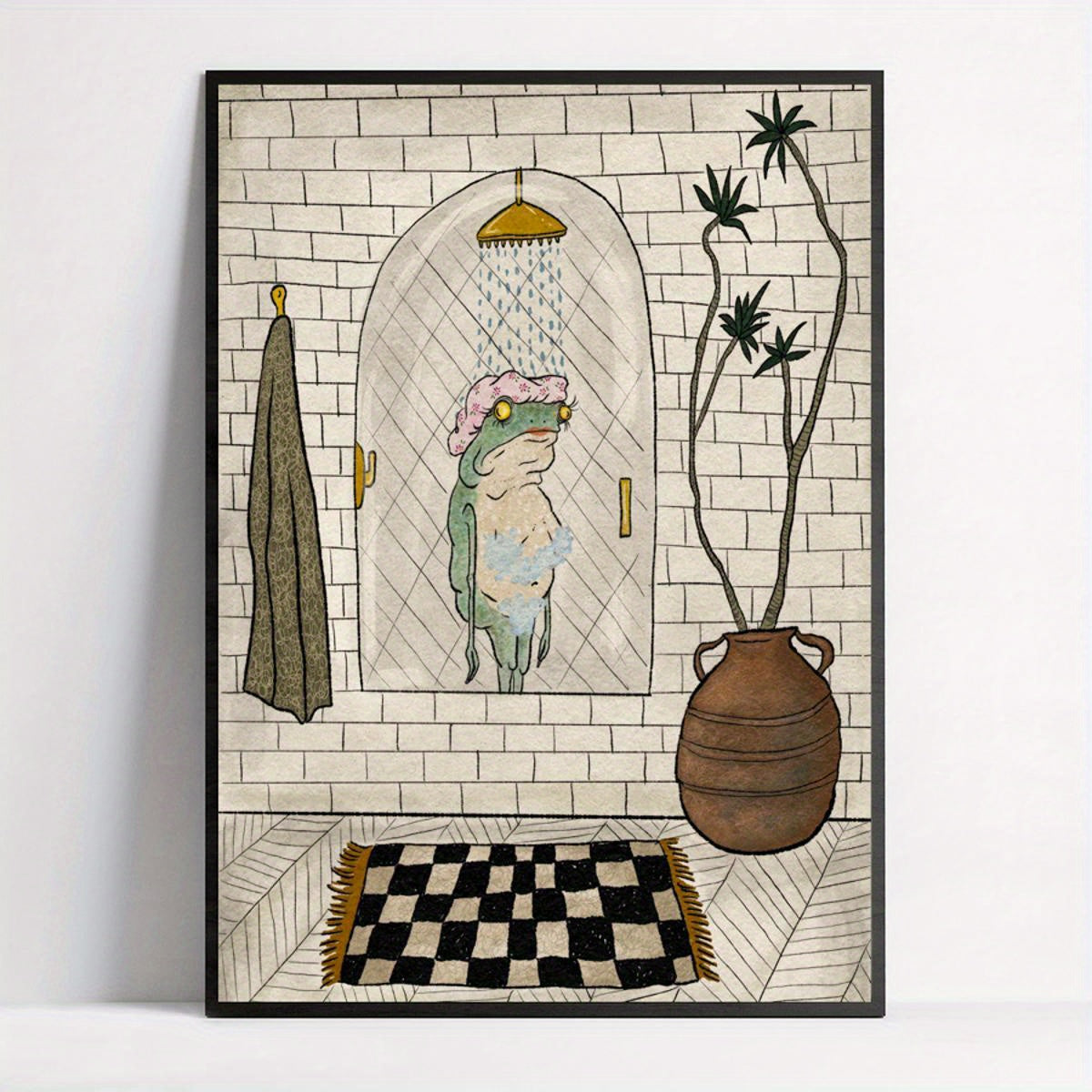 Retro Bathing Frog Canvas Wall Art Poster for Bathroom or Living Room Decor