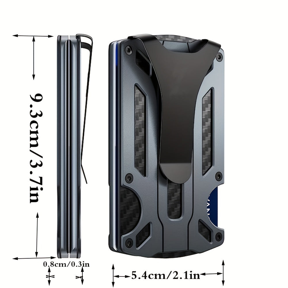 Yengil va zamonaviy RFID-blokirovka qiluvchi hamyon erkaklar uchun mo'ljallangan. Kredit kartalari uchun joylar va pul klipi bilan old tomondan cho'zilgan dizayn. Mustahkam alyuminiy qotishmasidan tayyorlangan. Otangiz uchun mukammal sovg'a.