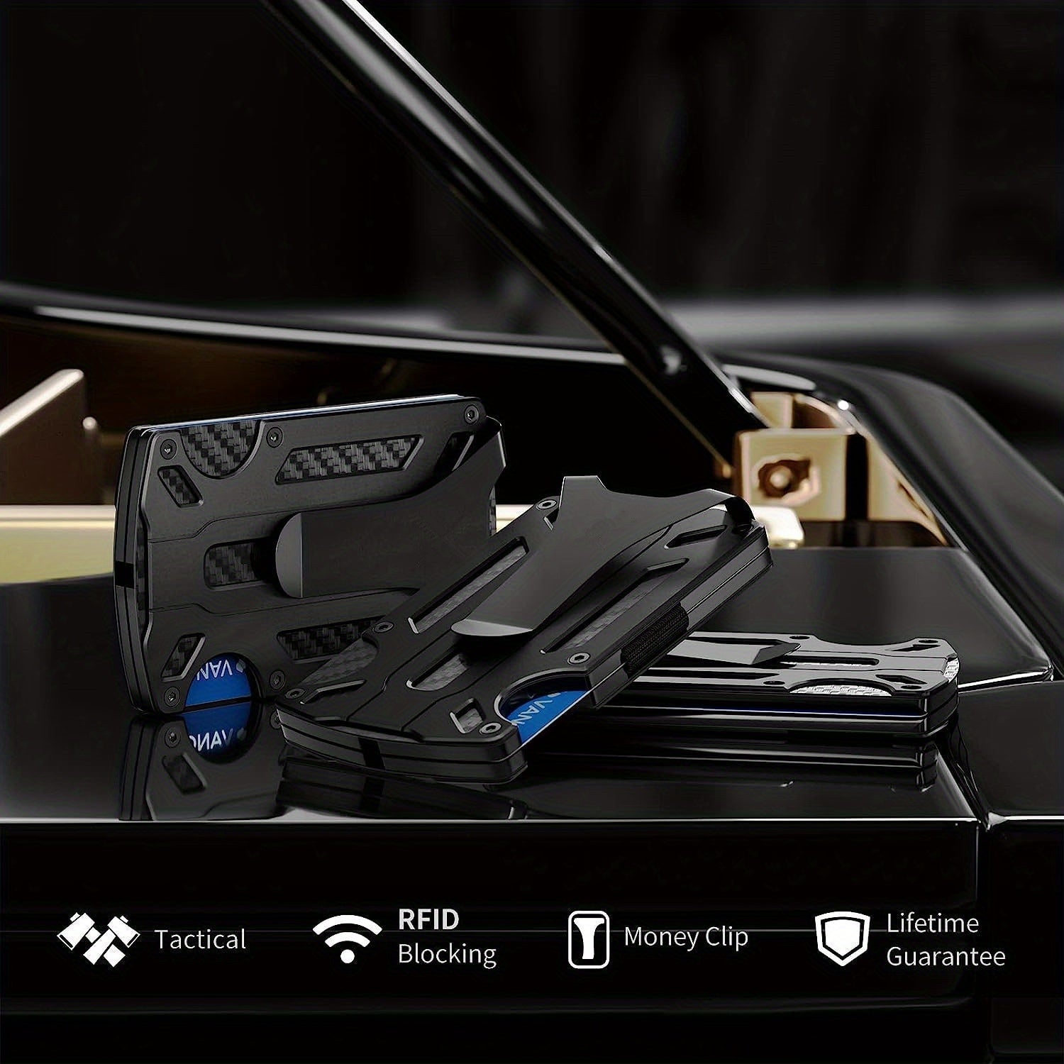 Yengil va zamonaviy RFID-blokirovka qiluvchi hamyon erkaklar uchun mo'ljallangan. Kredit kartalari uchun joylar va pul klipi bilan old tomondan cho'zilgan dizayn. Mustahkam alyuminiy qotishmasidan tayyorlangan. Otangiz uchun mukammal sovg'a.