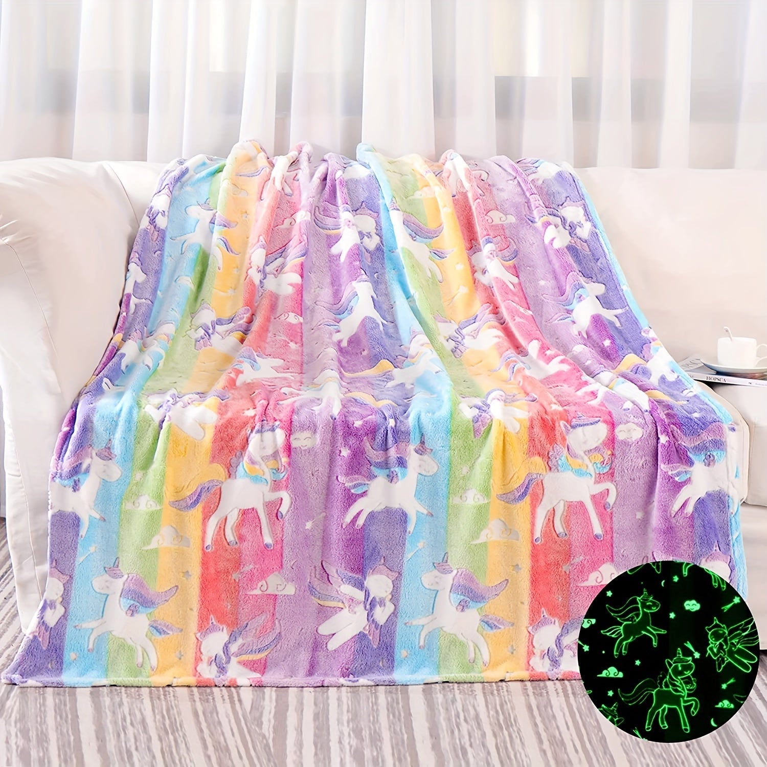 Unicorn Glow-in-the-Dark Flannel Throw Blanket Soft Cozy for Sofa Bed Travel