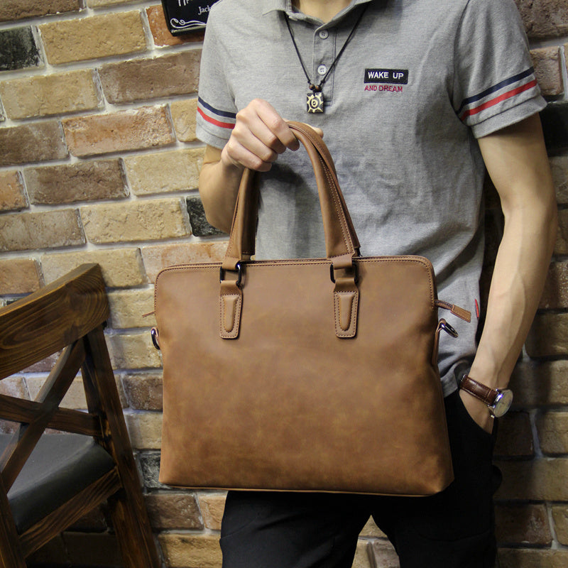 Men's Business Shoulder Bag with Adjustable Strap Khaki Crazy Horse Style