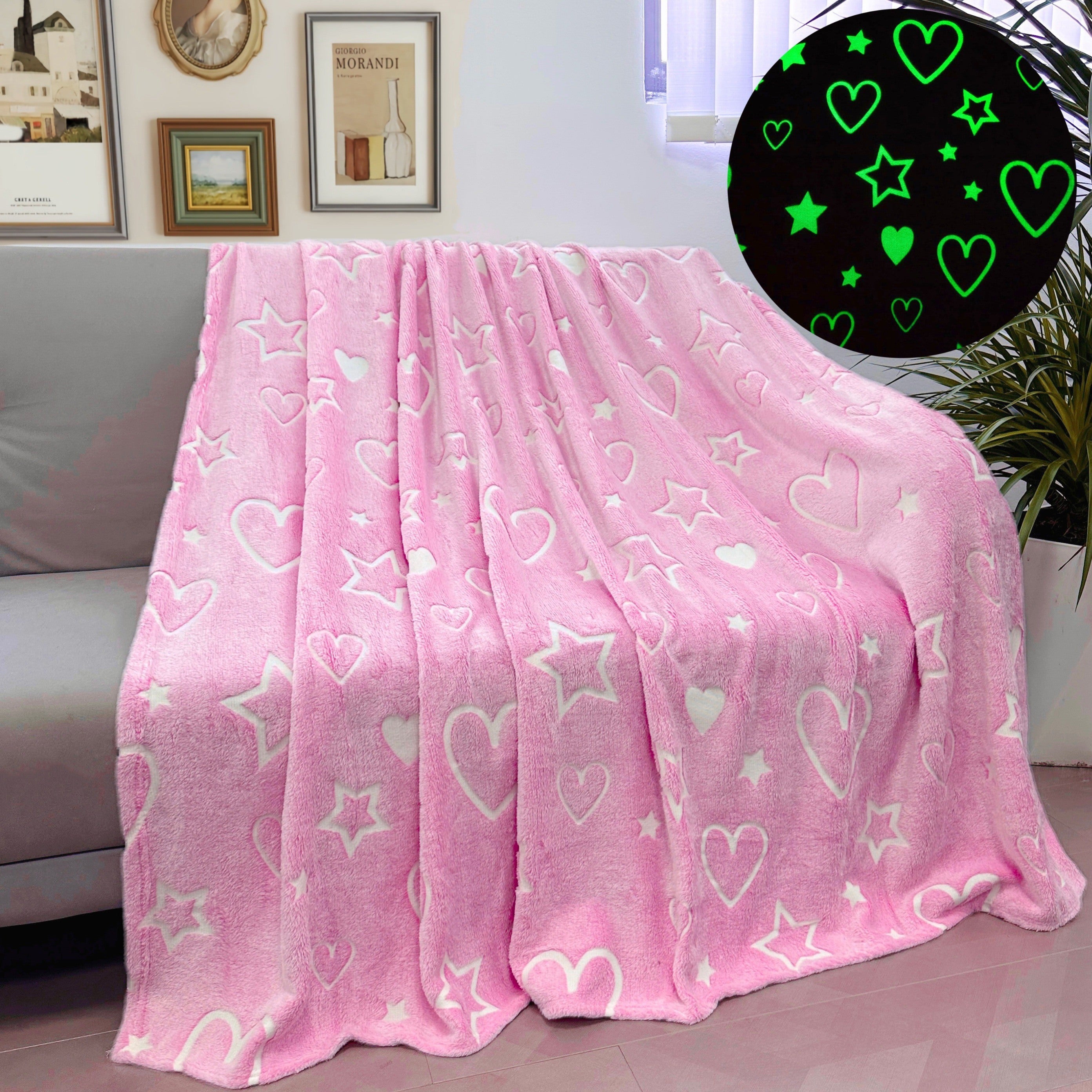 Fluorescent Flannel Blanket for Kids with Pink Heart and Star Pattern Glows in the Dark Soft Throw for Bed Couch Camping