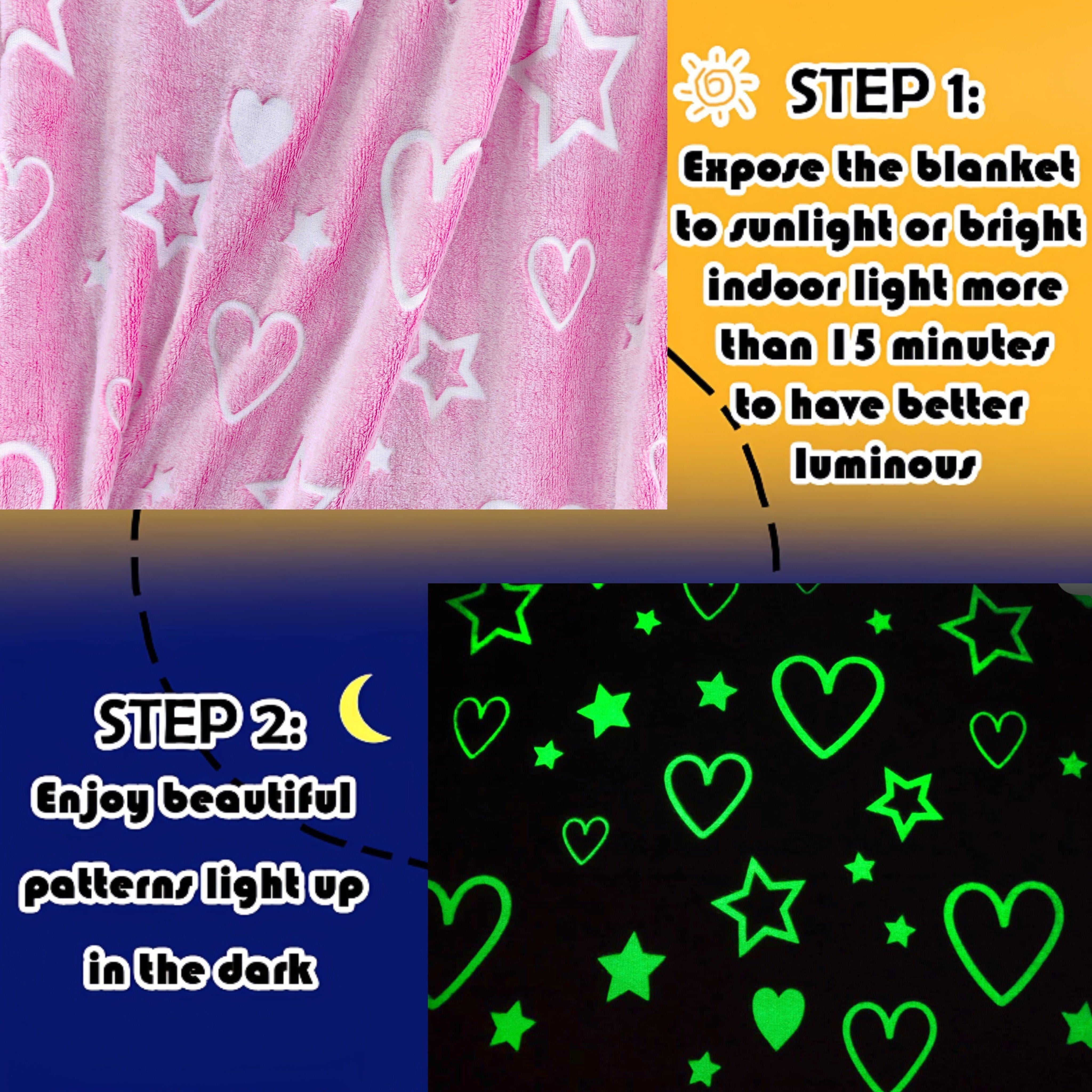 Fluorescent Flannel Blanket for Kids with Pink Heart and Star Pattern Glows in the Dark Soft Throw for Bed Couch Camping
