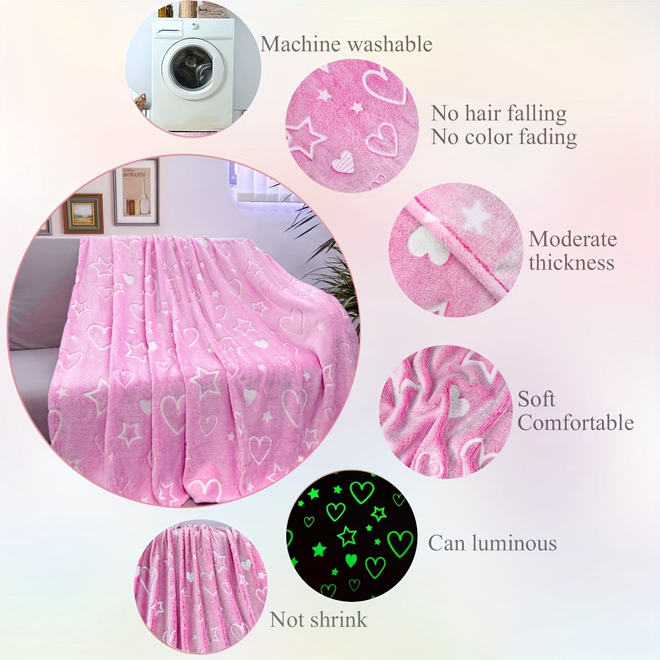 Fluorescent Flannel Blanket for Kids with Pink Heart and Star Pattern Glows in the Dark Soft Throw for Bed Couch Camping