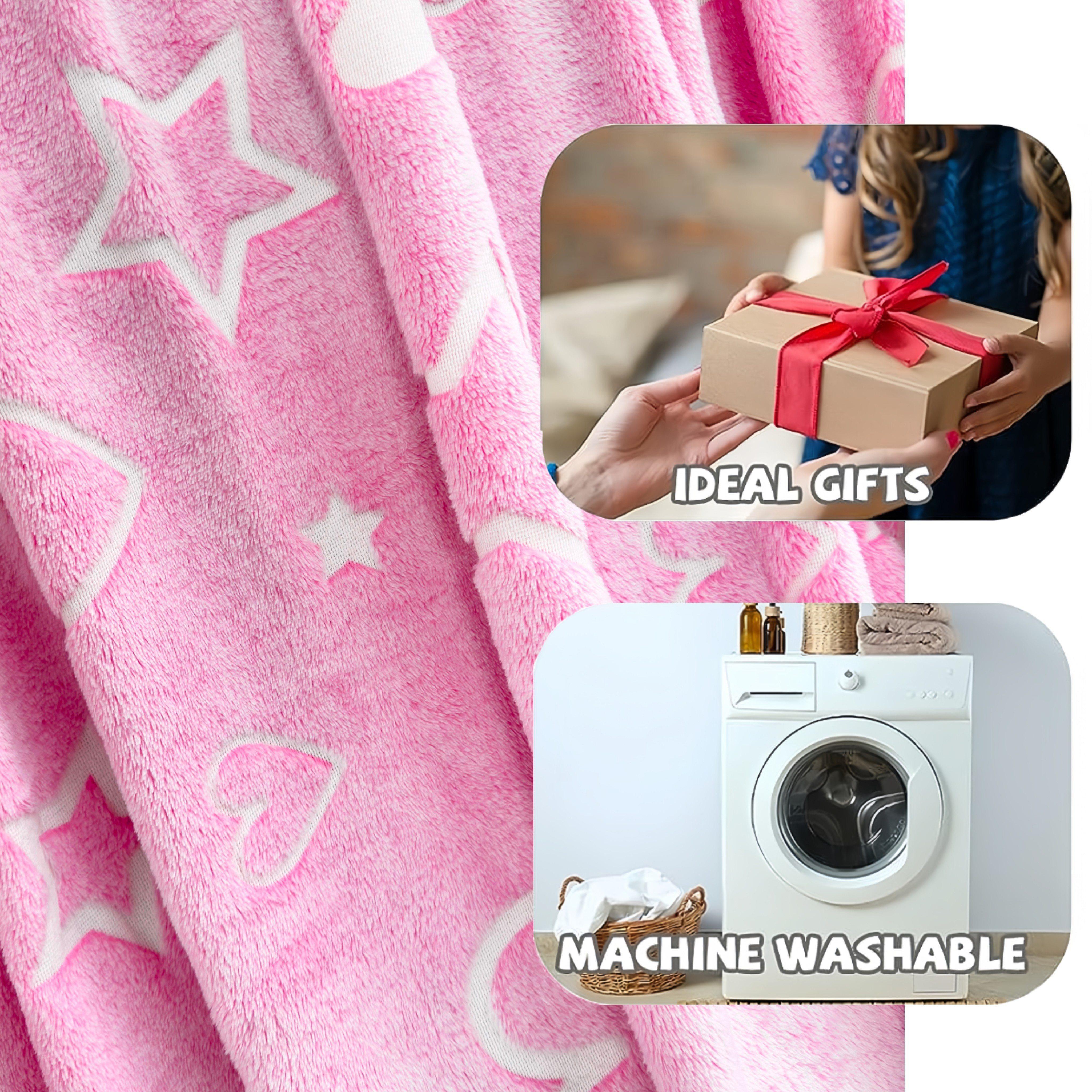 Fluorescent Flannel Blanket for Kids with Pink Heart and Star Pattern Glows in the Dark Soft Throw for Bed Couch Camping