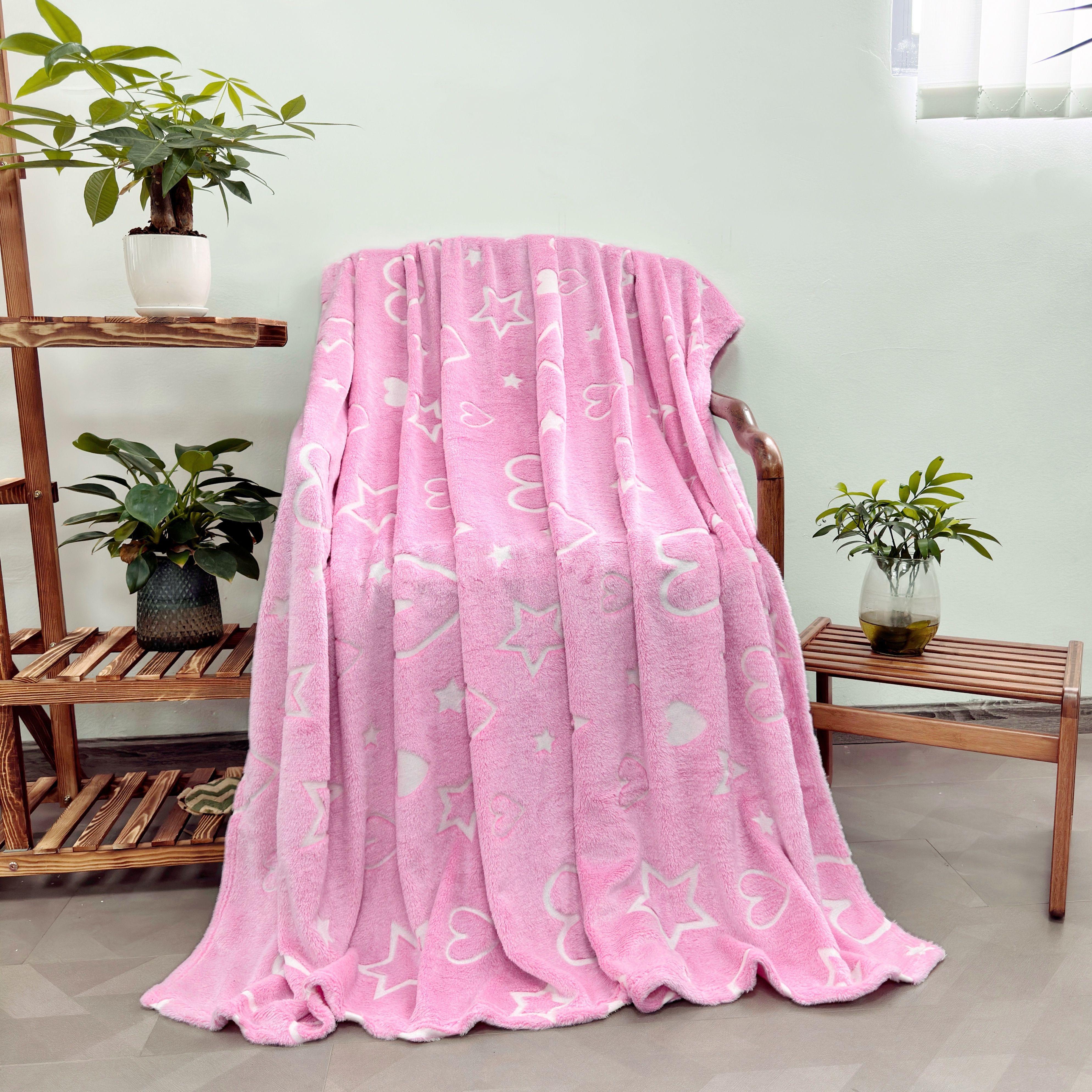 Fluorescent Flannel Blanket for Kids with Pink Heart and Star Pattern Glows in the Dark Soft Throw for Bed Couch Camping