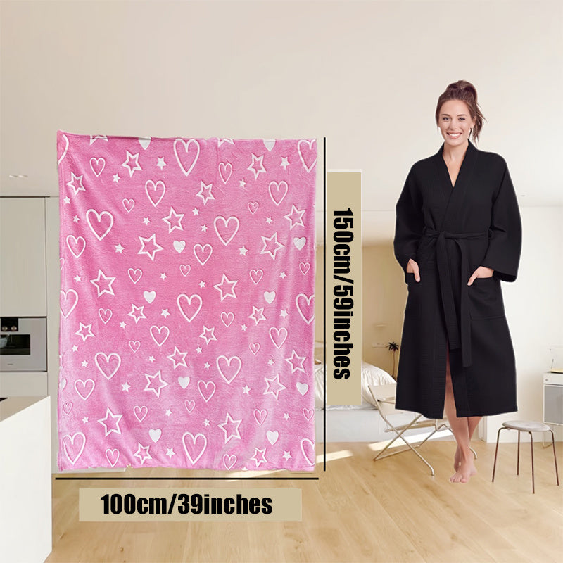 Fluorescent Flannel Blanket for Kids with Pink Heart and Star Pattern Glows in the Dark Soft Throw for Bed Couch Camping