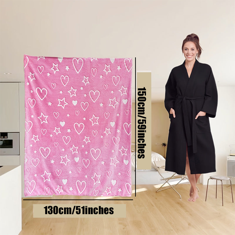 Fluorescent Flannel Blanket for Kids with Pink Heart and Star Pattern Glows in the Dark Soft Throw for Bed Couch Camping