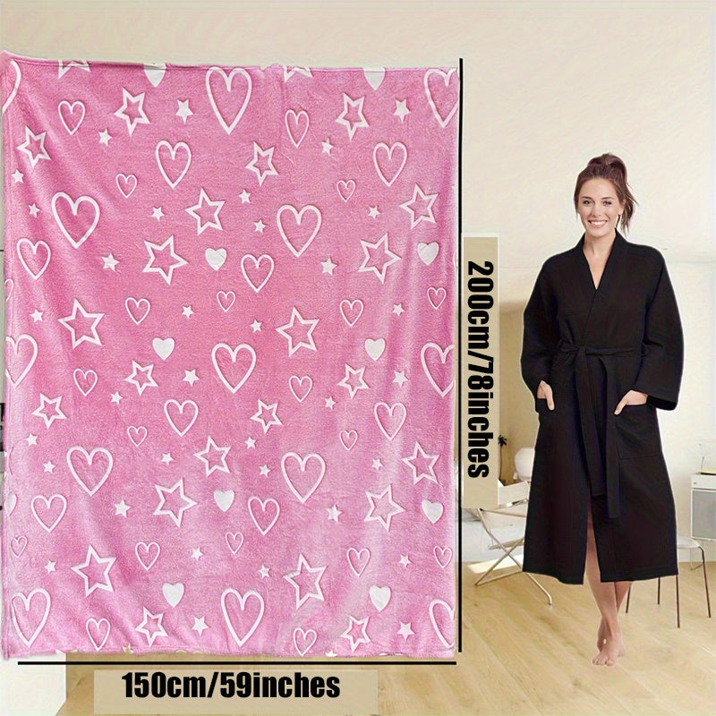 Fluorescent Flannel Blanket for Kids with Pink Heart and Star Pattern Glows in the Dark Soft Throw for Bed Couch Camping