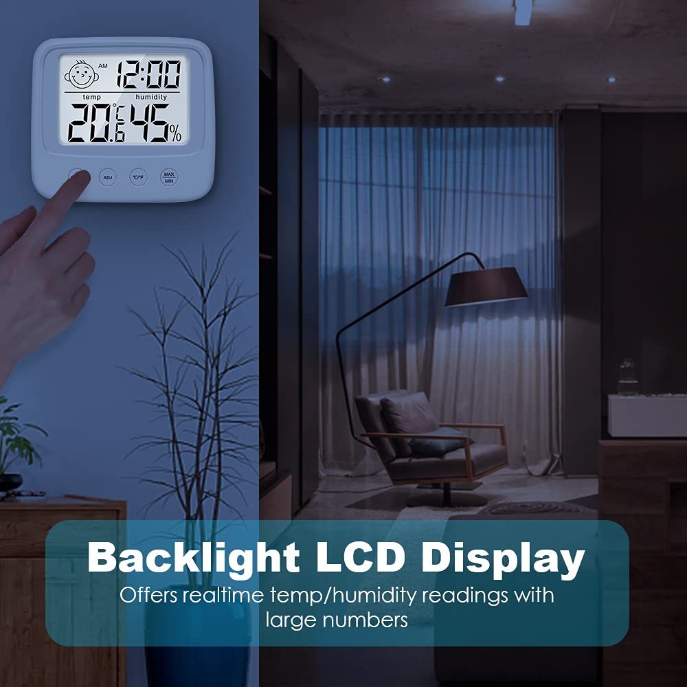 Higrómetro digital con termómetro y reloj, retroiluminación, interruptor ℃/℉ para hogar, oficina, dormitorio