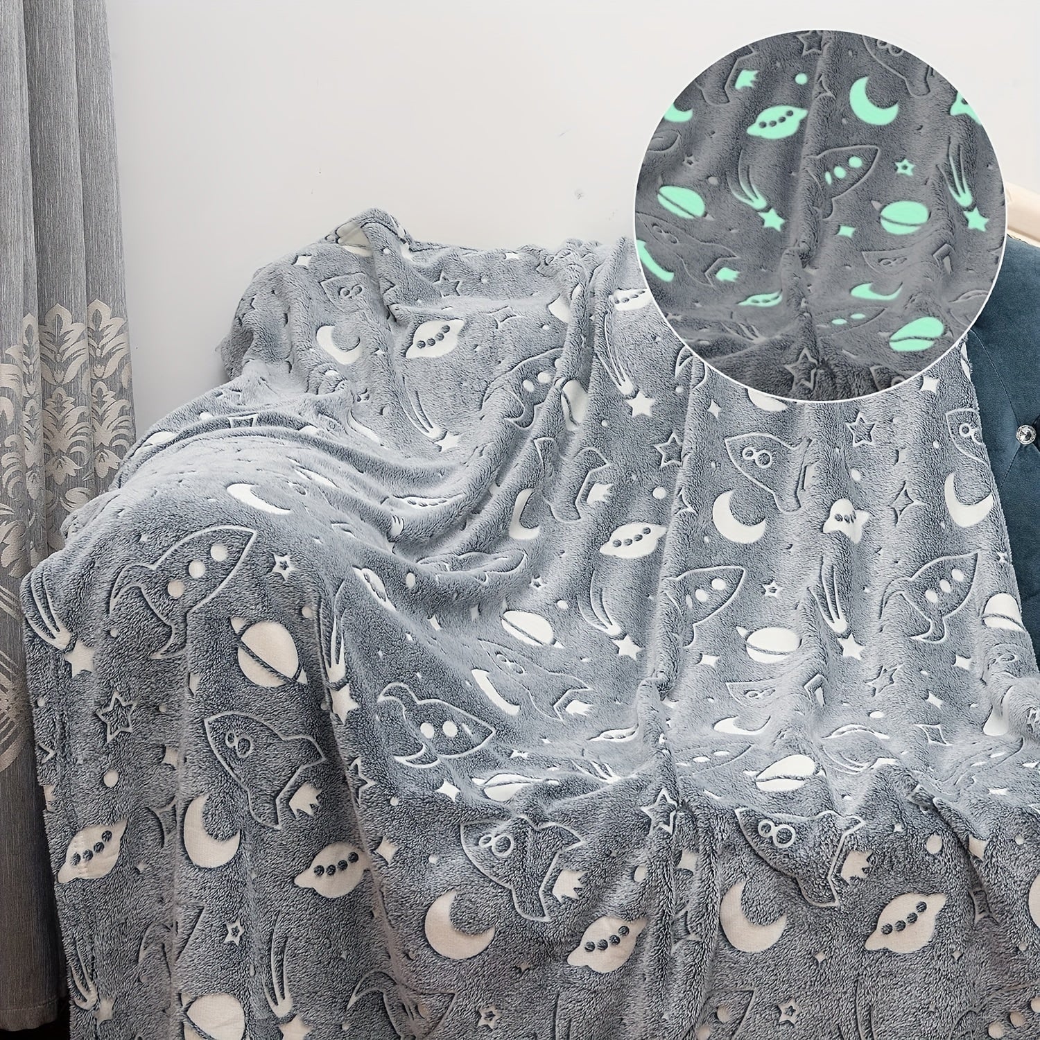 Kids Glow in the Dark Space Rocket Throw Blanket Soft Flannel Bed Cover for Boys and Girls