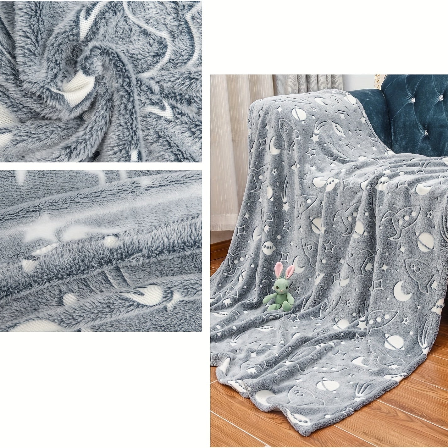 Kids Glow in the Dark Space Rocket Throw Blanket Soft Flannel Bed Cover for Boys and Girls