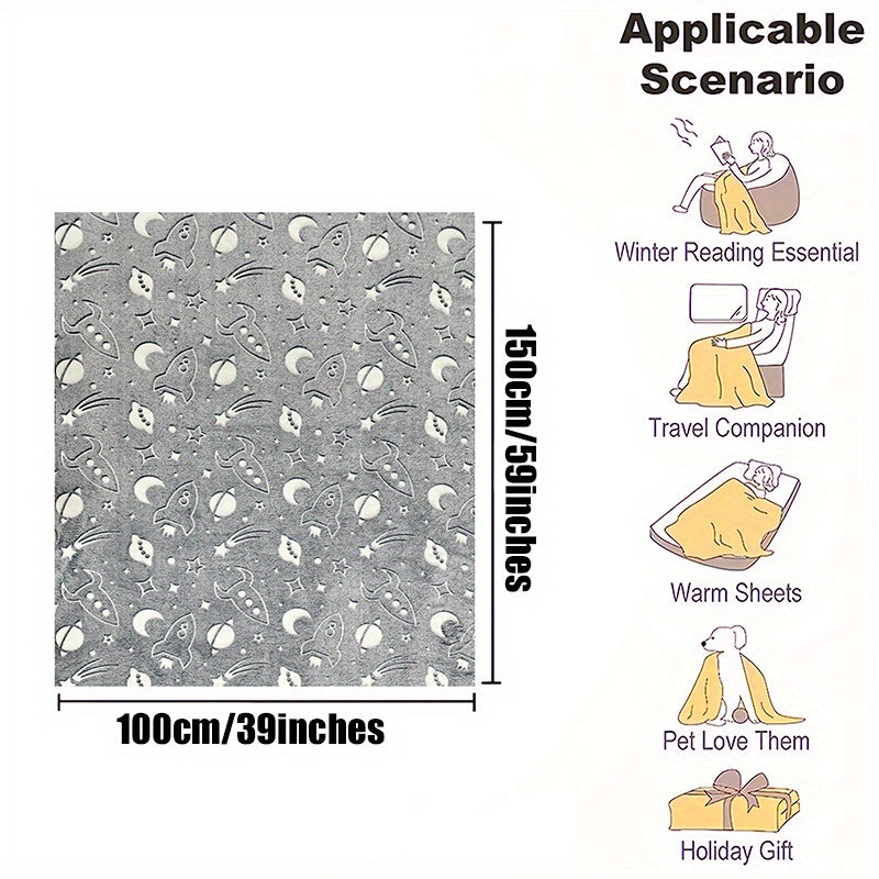 Kids Glow in the Dark Space Rocket Throw Blanket Soft Flannel Bed Cover for Boys and Girls