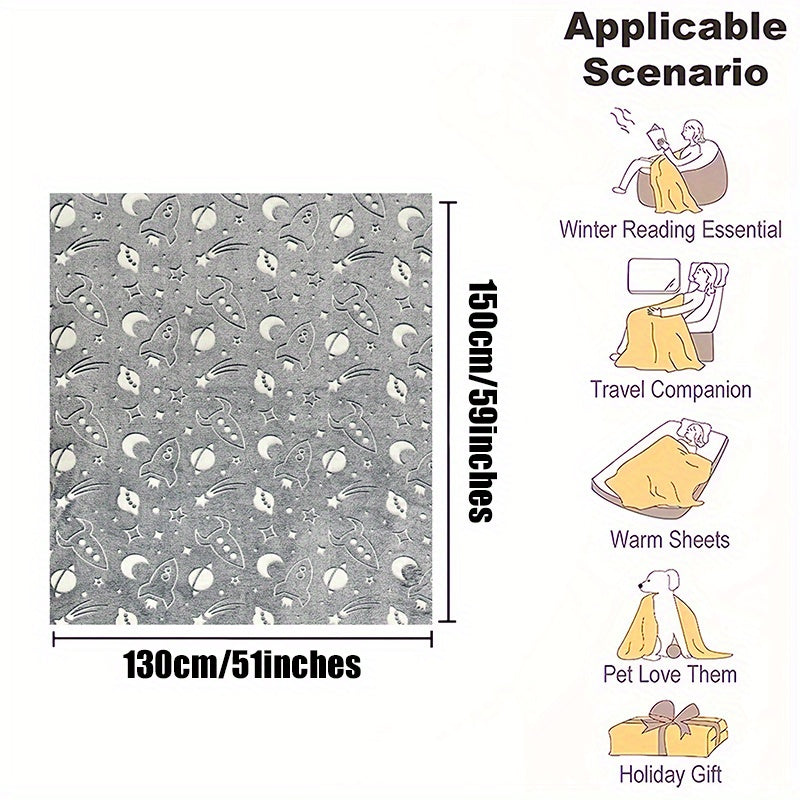 Kids Glow in the Dark Space Rocket Throw Blanket Soft Flannel Bed Cover for Boys and Girls