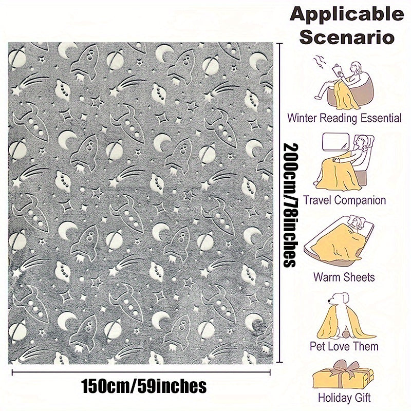 Kids Glow in the Dark Space Rocket Throw Blanket Soft Flannel Bed Cover for Boys and Girls