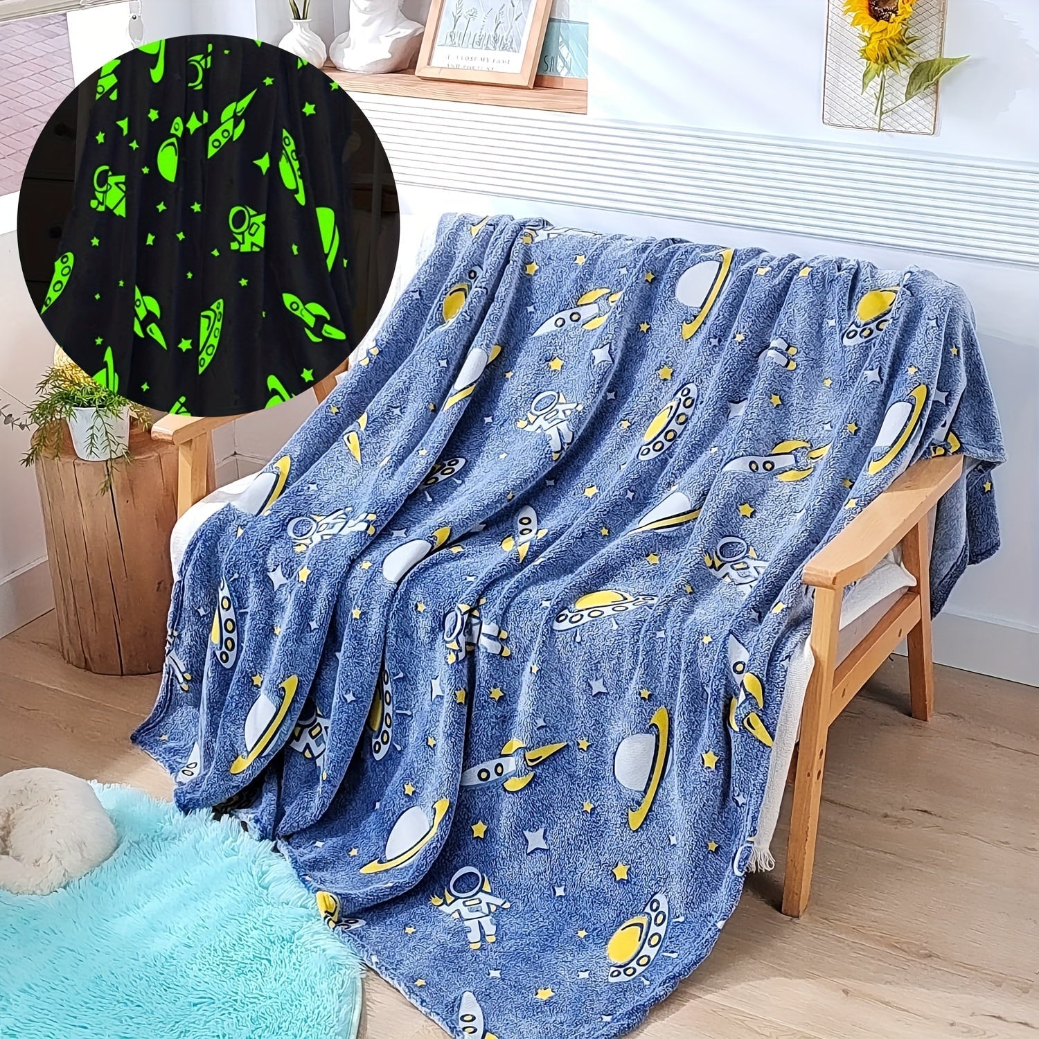 Glow in the Dark Astronaut Blanket Flannel Cozy Bed Sofa Car Gift for Teens Adults