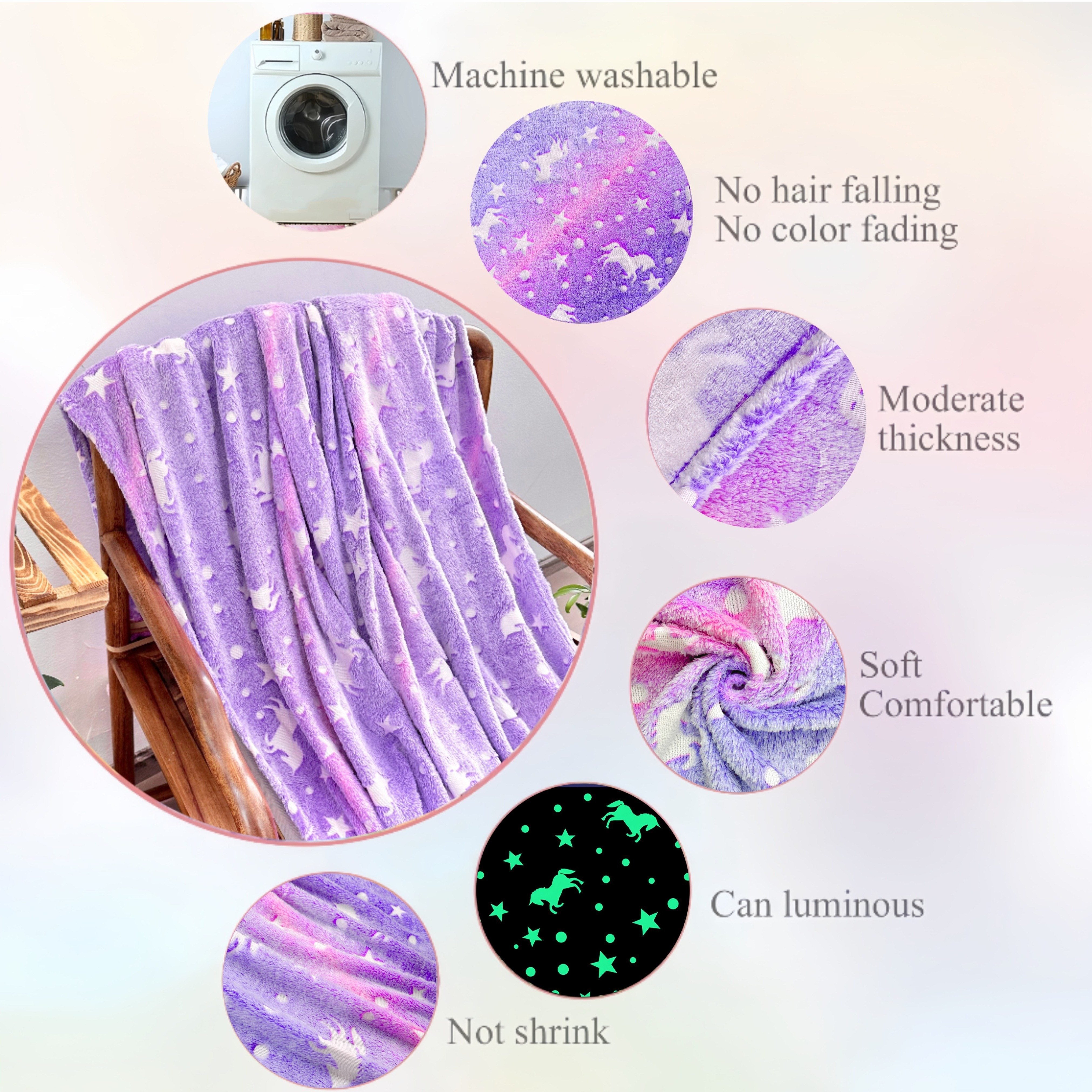 Unicorn and Star Pattern Glow-in-the-Dark Plush Throw Blanket for Kids and Adults