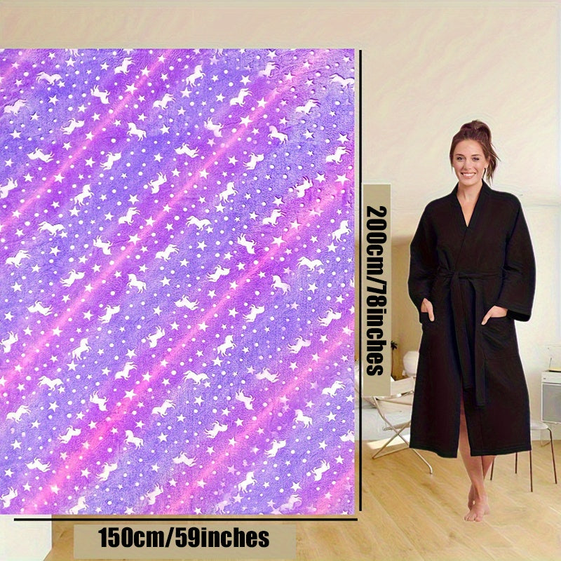Unicorn and Star Pattern Glow-in-the-Dark Plush Throw Blanket for Kids and Adults
