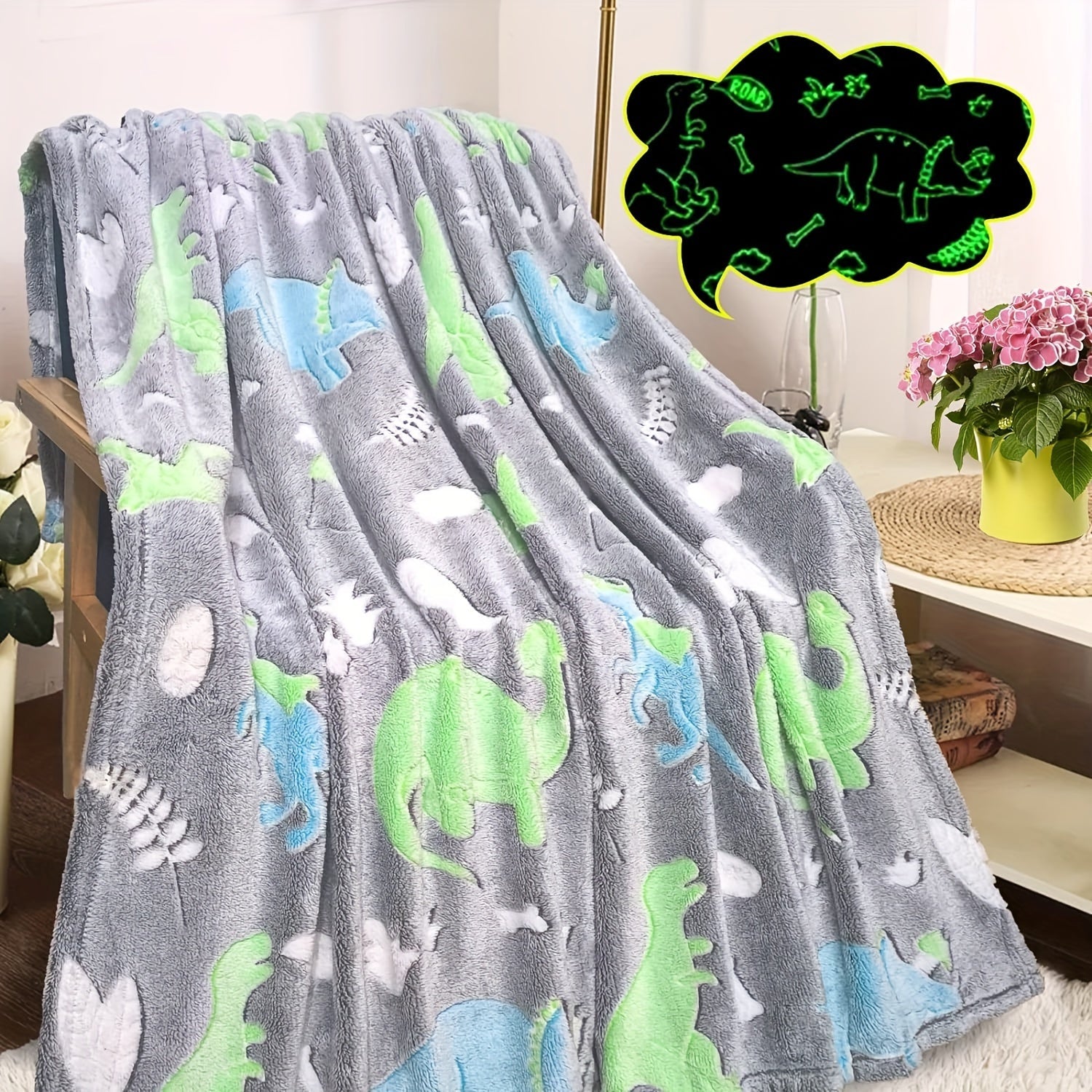 Glow-in-the-Dark Dinosaur Blanket Luminous Plush Fleece Throw for Couch Bed